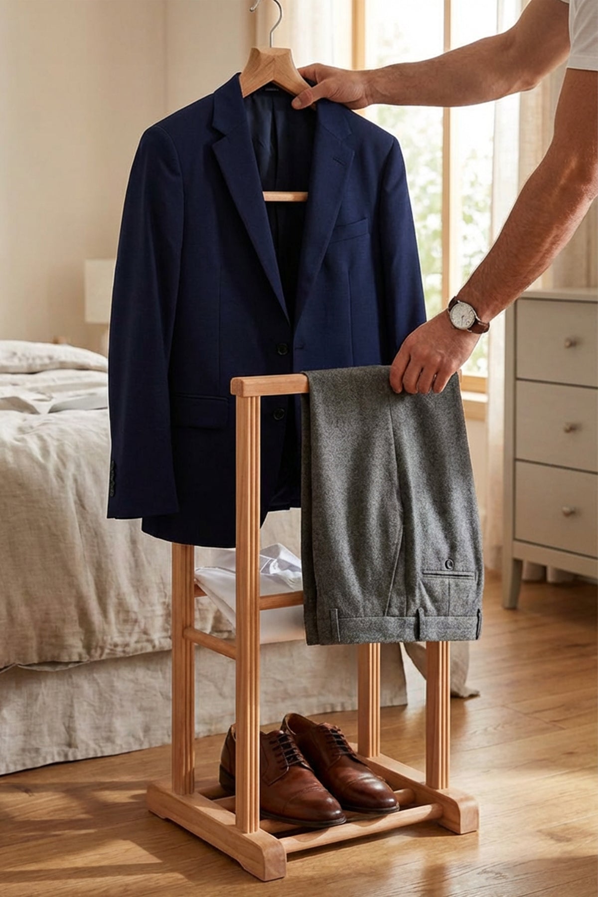 Seral 130 cm Çiftli Ahşap Elbise Askılığı | A2 Decor