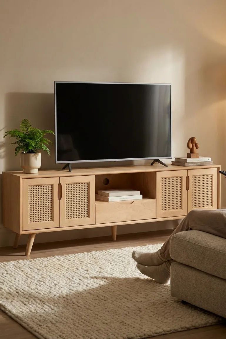 Atlas 180 cm Hasırlı Ahşap TV Ünitesi | A2 Decor
