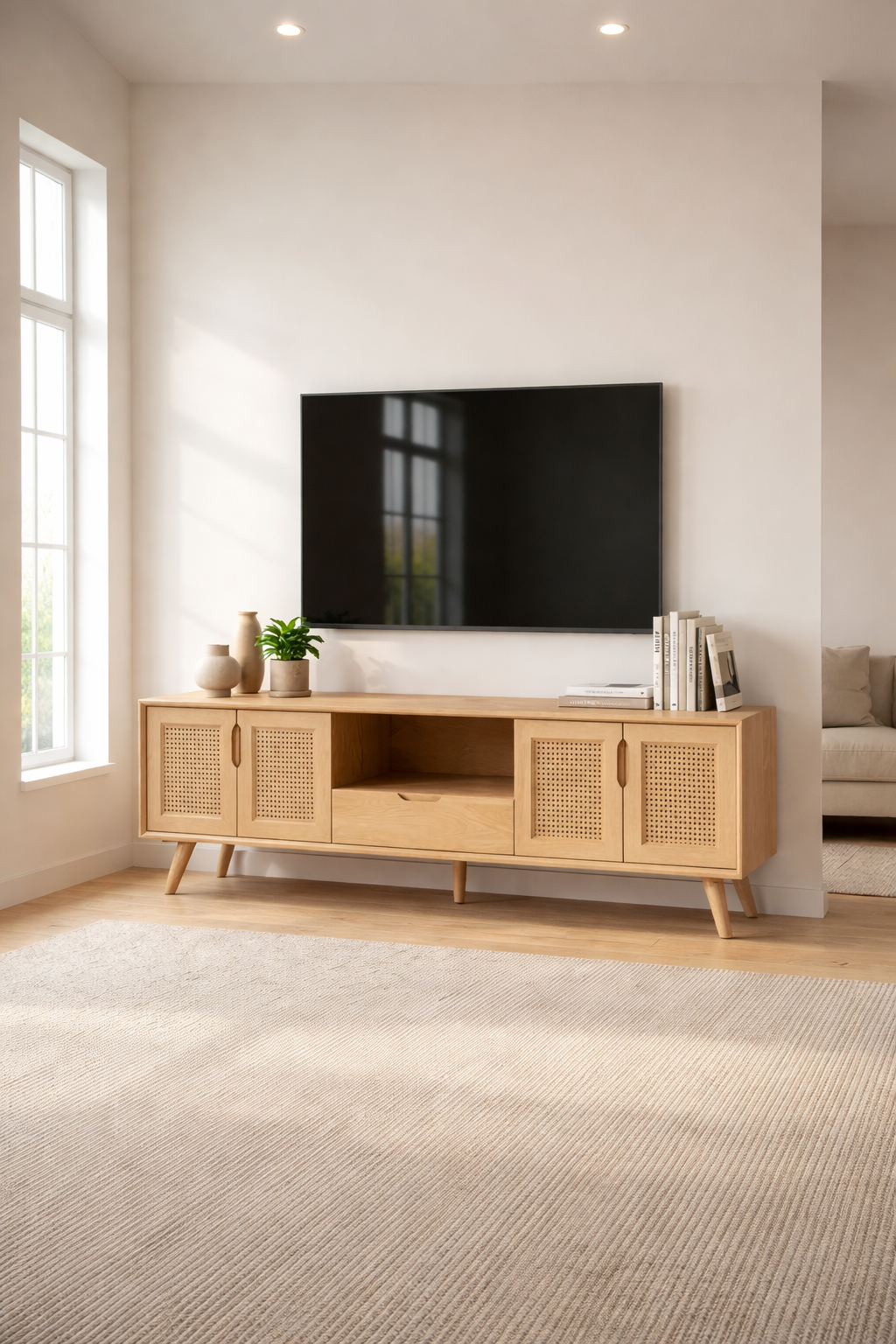 Atlas 180 cm Hasırlı Ahşap TV Ünitesi | A2 Decor