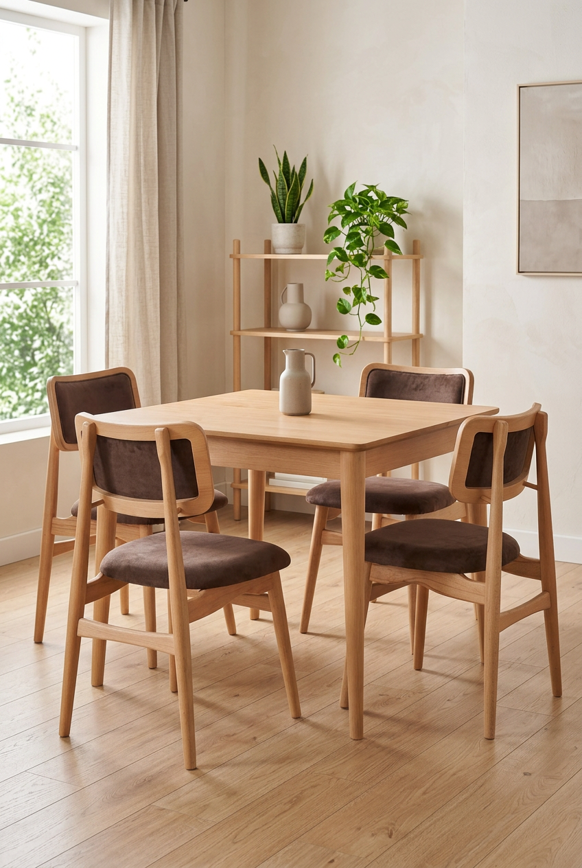 Nora 4 Kişilik Kare Ahşap Yemek Masası Takımı 90 × 90 cm | A2 Decor